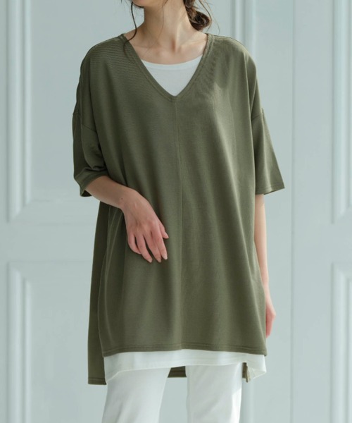 RANAN（ラナン）の「レイヤード風ニットソー半袖チュニック（Tシャツ/カットソー・レディース・ブラック/ライトグレー/ライトベージュ/ブラック系その他/ブルーグレー/ネイビー/カーキ/イエロー・L/M/S/LL）」の6枚目の写真