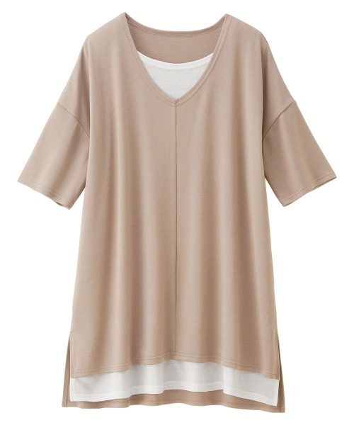 RANAN（ラナン）の「レイヤード風ニットソー半袖チュニック（Tシャツ/カットソー・レディース・ブラック/ライトグレー/ライトベージュ/ブラック系その他/ブルーグレー/ネイビー/カーキ/イエロー・L/M/S/LL）」の10枚目の写真