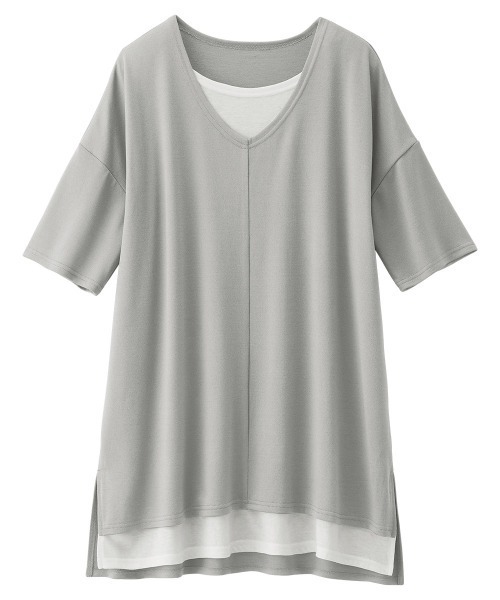 RANAN（ラナン）の「レイヤード風ニットソー半袖チュニック（Tシャツ/カットソー・レディース・ブラック/ライトグレー/ライトベージュ/ブラック系その他/ブルーグレー/ネイビー/カーキ/イエロー・L/M/S/LL）」の9枚目の写真