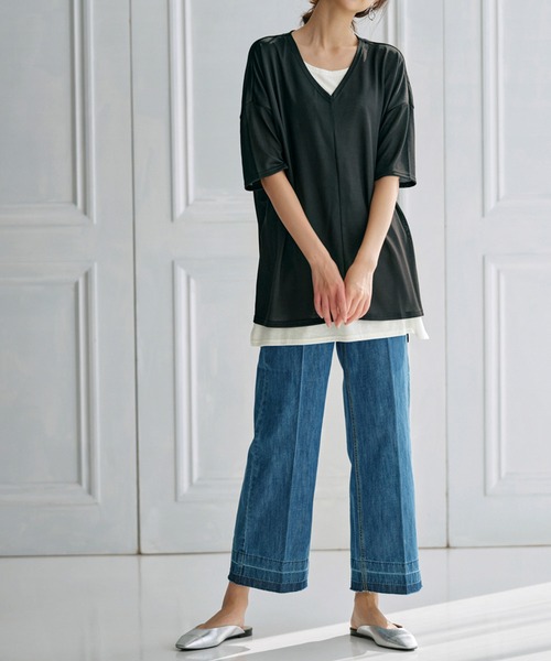 RANAN（ラナン）の「レイヤード風ニットソー半袖チュニック（Tシャツ/カットソー・レディース・ブラック/ライトグレー/ライトベージュ/ブラック系その他/ブルーグレー/ネイビー/カーキ/イエロー・L/M/S/LL）」の14枚目の写真