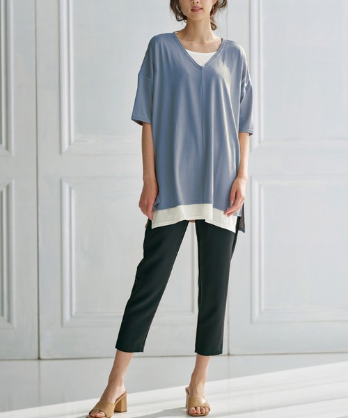 RANAN（ラナン）の「レイヤード風ニットソー半袖チュニック（Tシャツ/カットソー・レディース・ブラック/ライトグレー/ライトベージュ/ブラック系その他/ブルーグレー/ネイビー/カーキ/イエロー・L/M/S/LL）」の16枚目の写真