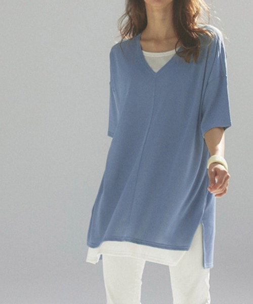 RANAN（ラナン）の「レイヤード風ニットソー半袖チュニック（Tシャツ/カットソー・レディース・ブラック/ライトグレー/ライトベージュ/ブラック系その他/ブルーグレー/ネイビー/カーキ/イエロー・L/M/S/LL）」の17枚目の写真