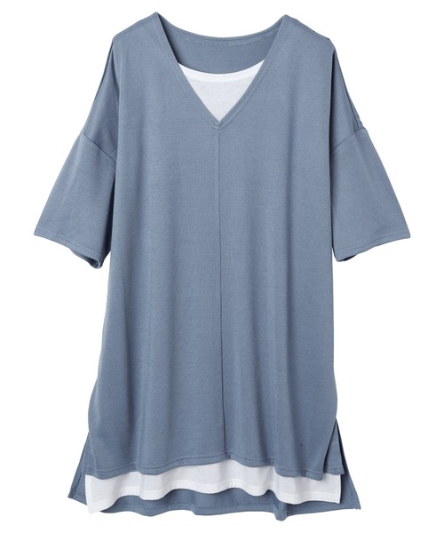 RANAN（ラナン）の「レイヤード風ニットソー半袖チュニック（Tシャツ/カットソー・レディース・ブラック/ライトグレー/ライトベージュ/ブラック系その他/ブルーグレー/ネイビー/カーキ/イエロー・L/M/S/LL）」の22枚目の写真