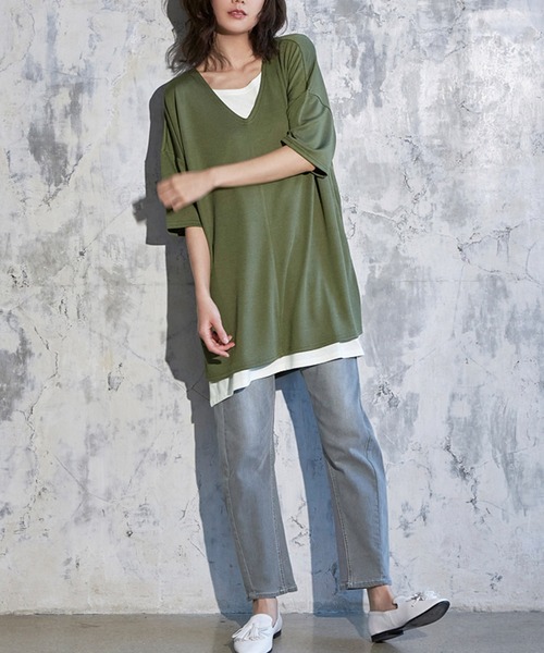 RANAN（ラナン）の「レイヤード風ニットソー半袖チュニック（Tシャツ/カットソー・レディース・ブラック/ライトグレー/ライトベージュ/ブラック系その他/ブルーグレー/ネイビー/カーキ/イエロー・L/M/S/LL）」の18枚目の写真