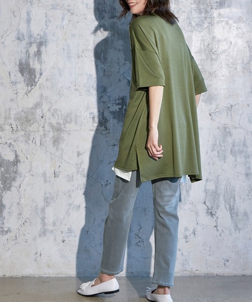 RANAN（ラナン）の「レイヤード風ニットソー半袖チュニック（Tシャツ/カットソー・レディース・ブラック/ライトグレー/ライトベージュ/ブラック系その他/ブルーグレー/ネイビー/カーキ/イエロー・L/M/S/LL）」の19枚目の写真