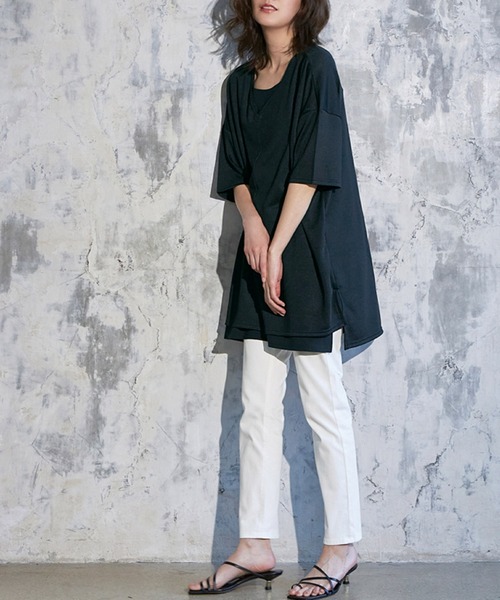 RANAN（ラナン）の「レイヤード風ニットソー半袖チュニック（Tシャツ/カットソー・レディース・ブラック/ライトグレー/ライトベージュ/ブラック系その他/ブルーグレー/ネイビー/カーキ/イエロー・L/M/S/LL）」の15枚目の写真