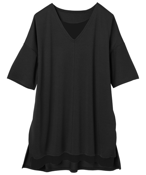 RANAN（ラナン）の「レイヤード風ニットソー半袖チュニック（Tシャツ/カットソー・レディース・ブラック/ライトグレー/ライトベージュ/ブラック系その他/ブルーグレー/ネイビー/カーキ/イエロー・L/M/S/LL）」の21枚目の写真