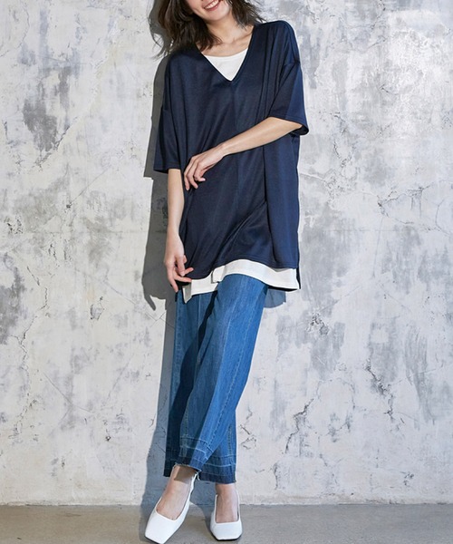 RANAN（ラナン）の「レイヤード風ニットソー半袖チュニック（Tシャツ/カットソー・レディース・ブラック/ライトグレー/ライトベージュ/ブラック系その他/ブルーグレー/ネイビー/カーキ/イエロー・L/M/S/LL）」の20枚目の写真