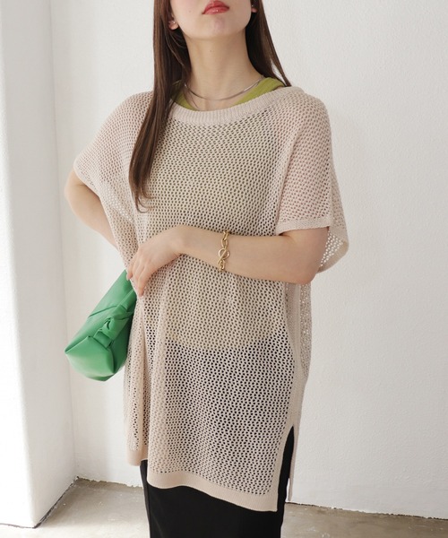 Shelly island(シェリーアイランド)の「メッシュ編みプルオーバー/フィッシュネットトップス(ニット/セーター・レディース・チャコールグレー/ベージュ/モカ・FREE)」の16枚目の写真