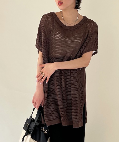 Shelly island(シェリーアイランド)の「メッシュ編みプルオーバー/フィッシュネットトップス(ニット/セーター・レディース・チャコールグレー/ベージュ/モカ・FREE)」の4枚目の写真