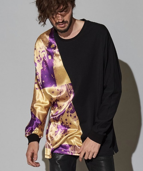 NO ID.(ノーアイディ)の「mlt3463-リキッドプリント切替ドルマンスリーブロンT(Tシャツ/カットソー・メンズ・ブラック/イエロー/ブルー・ONE SIZE)」の3枚目の写真