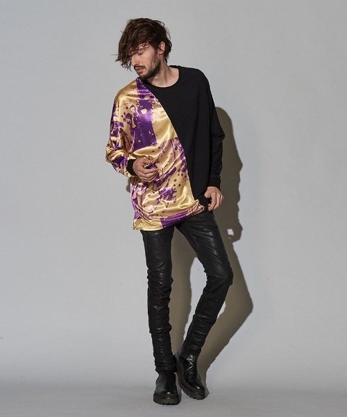 NO ID.(ノーアイディ)の「mlt3463-リキッドプリント切替ドルマンスリーブロンT(Tシャツ/カットソー・メンズ・ブラック/イエロー/ブルー・ONE SIZE)」の6枚目の写真