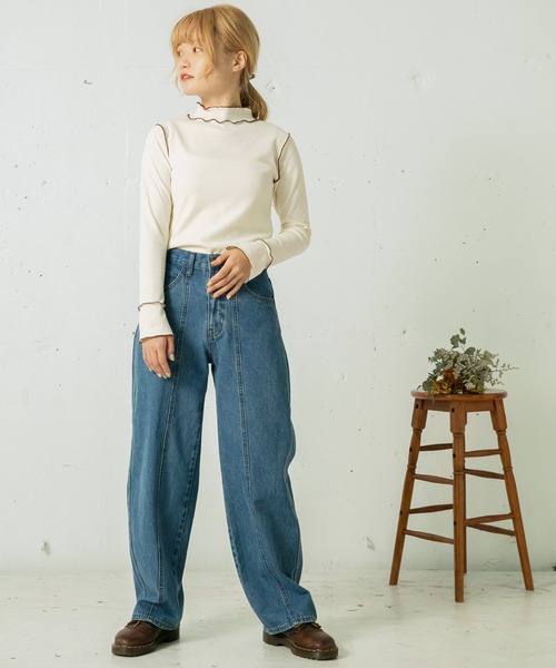 mikke（ミッケ）の「【吸水発熱素材】メロー配色ハイネックプルオーバー（Tシャツ/カットソー・レディース・オフホワイト/ネイビー/ブルー/グリーン・FREE）」の5枚目の写真