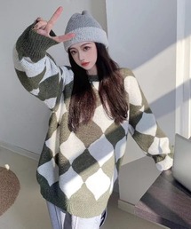 A'GEM/9 × .kom『.kom/ドットケーオーエム』Argyle Wide-Silhouette Knit/アーガイル柄 オーバーサイジング ニット/セーター