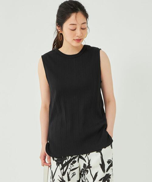 green label relaxing(グリーンレーベルリラクシング)の「<1_OF_MINE(ワンオブマイン)> GIZA テレコ ノースリーブ カットソー(Tシャツ/カットソー・レディース・ブラック/ベージュ/オフホワイト/ライム・FREE)」の1枚目の写真