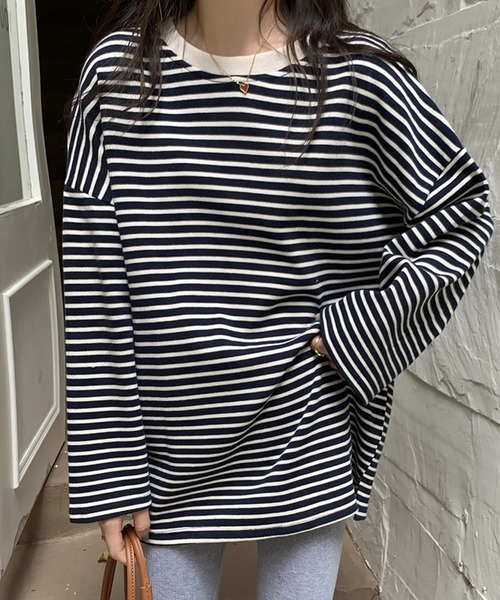 Girly Doll(ガーリードール)の「ボーダービッグプルオーバー(Tシャツ/カットソー・レディース・ホワイト/ブラック/ブラウン・FREE)」の4枚目の写真