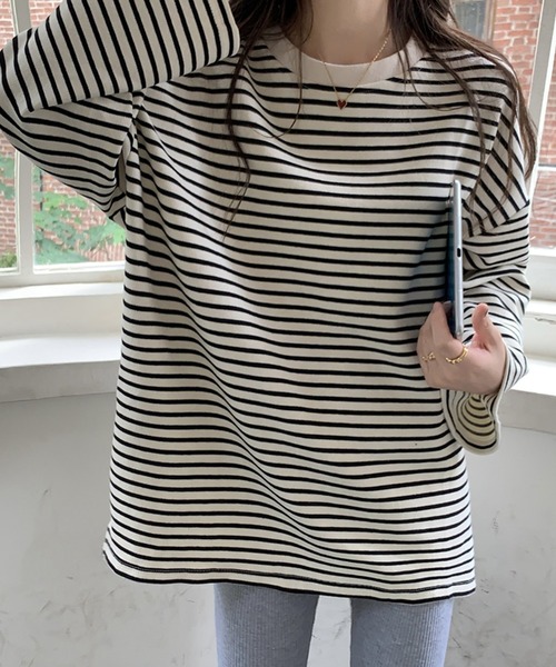 Girly Doll(ガーリードール)の「ボーダービッグプルオーバー(Tシャツ/カットソー・レディース・ホワイト/ブラック/ブラウン・FREE)」の6枚目の写真