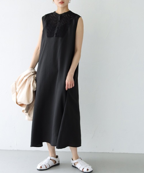 HER CLOSET（ハークローゼット）の「【shemoshelly】WEB限定 前後2wayカットレース切り替えノースリーブシャツワンピース ペチコート付き（ワンピース・レディース・ブラック/オフホワイト・M）」の9枚目の写真