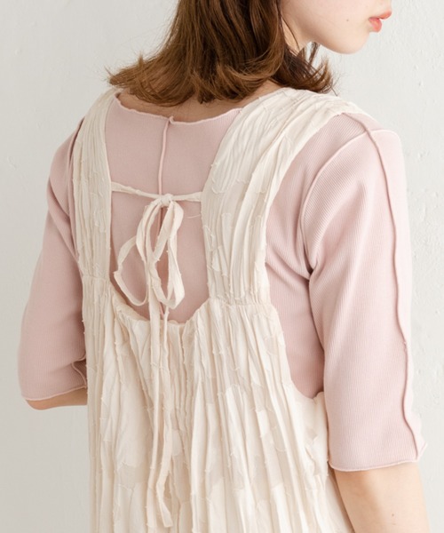 Kastane(カスタネ)の「テレコ無地5分袖Tee(Tシャツ/カットソー・レディース・ピンク/グリーン/アイボリー/イエロー・FREE)」の4枚目の写真