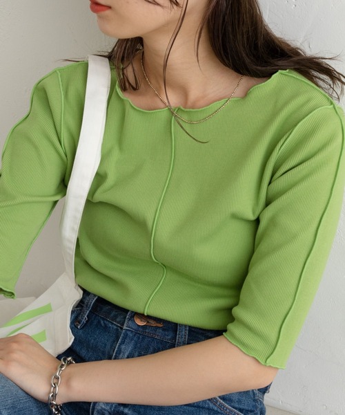 Kastane(カスタネ)の「テレコ無地5分袖Tee(Tシャツ/カットソー・レディース・ピンク/グリーン/アイボリー/イエロー・FREE)」の1枚目の写真