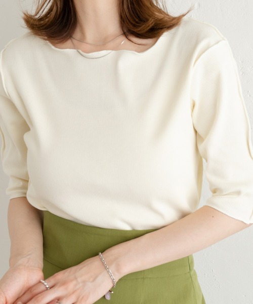 Kastane(カスタネ)の「テレコ無地5分袖Tee(Tシャツ/カットソー・レディース・ピンク/グリーン/アイボリー/イエロー・FREE)」の2枚目の写真