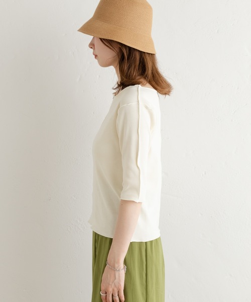 Kastane(カスタネ)の「テレコ無地5分袖Tee(Tシャツ/カットソー・レディース・ピンク/グリーン/アイボリー/イエロー・FREE)」の10枚目の写真