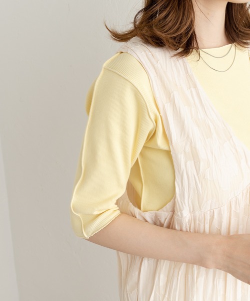 Kastane(カスタネ)の「テレコ無地5分袖Tee(Tシャツ/カットソー・レディース・ピンク/グリーン/アイボリー/イエロー・FREE)」の19枚目の写真