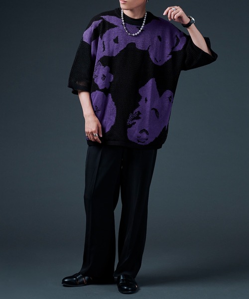 Ellno Loset（エルノロゼット）の「ニュアンスメッシュプルオーバー（ニット/セーター・メンズ・ブラック/オフホワイト・MEDIUM/LARGE）」の14枚目の写真