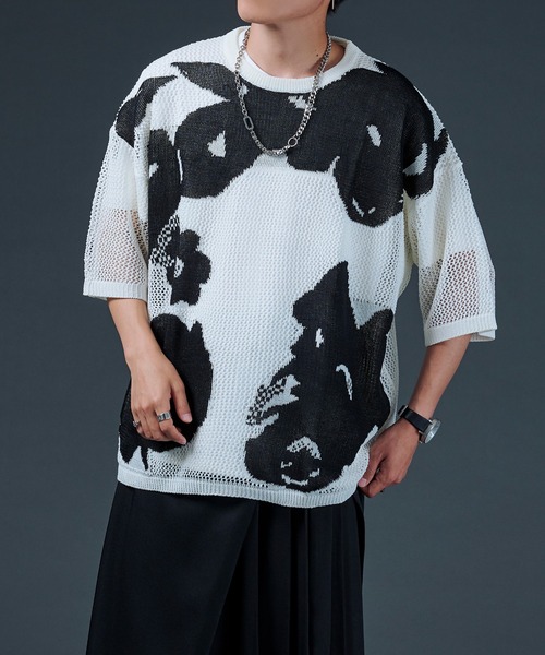 Ellno Loset（エルノロゼット）の「ニュアンスメッシュプルオーバー（ニット/セーター・メンズ・ブラック/オフホワイト・MEDIUM/LARGE）」の5枚目の写真