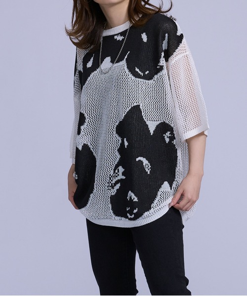 Ellno Loset（エルノロゼット）の「ニュアンスメッシュプルオーバー（ニット/セーター・メンズ・ブラック/オフホワイト・MEDIUM/LARGE）」の4枚目の写真