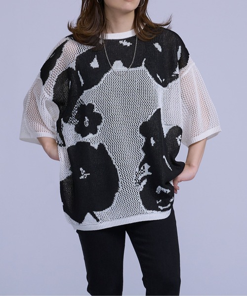 Ellno Loset（エルノロゼット）の「ニュアンスメッシュプルオーバー（ニット/セーター・メンズ・ブラック/オフホワイト・MEDIUM/LARGE）」の3枚目の写真