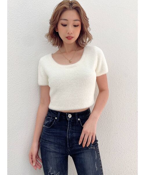 GYDA（ジェイダ）の「ハーフスリーブ シャギーニットトップス（ニット/セーター・レディース・ベージュ/オフホワイト/マスタード・FREE）」の2枚目の写真