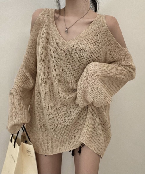 Jewelobe(ジュエローブ)の「カットアウトVネックシアーニット(ニット/セーター・レディース・ブラック/ベージュ/オフホワイト・FREE)」の17枚目の写真