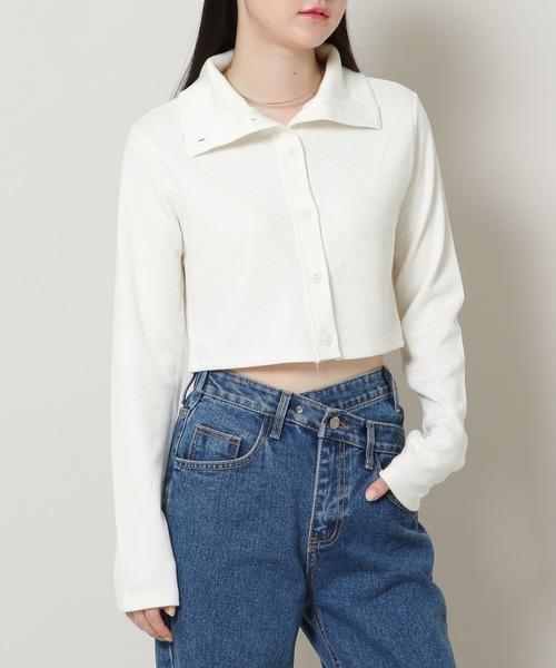 3.3 Field Trip （3.3フィールドトリップ）の「3.3 Field Trip／ハイネッククロップカーディガン　2169552（カーディガン/ボレロ・レディース・ブラック/アイボリー・FREE）」の2枚目の写真