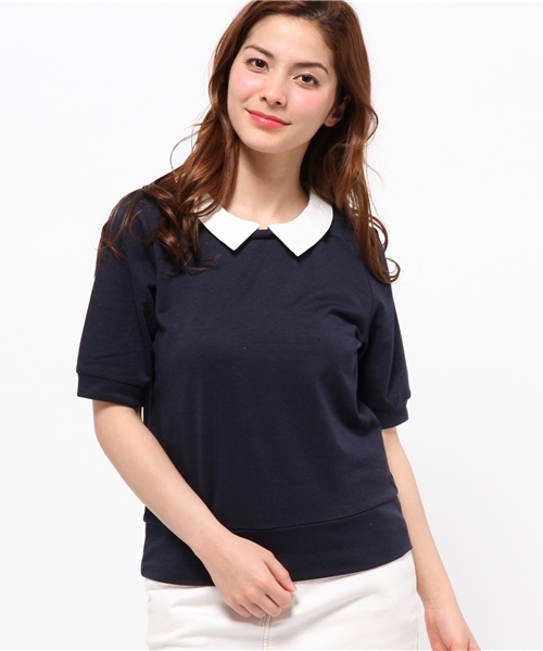 one after another NICE CLAUP（ワンアフターアナザーナイスクラップ）の「【ナイスクラップ】襟付プルオーバー（Tシャツ/カットソー・レディース・トップグレー/ネイビー/ストライプ・FREE）」の2枚目の写真