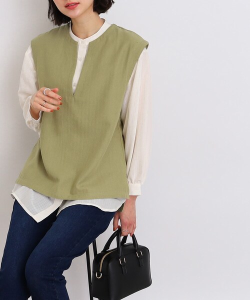 DRESKIP(ドレスキップ)の「◆麻混ヘリンボーンVネックベスト(ベスト・レディース・ブラック/オフホワイト/ライトグリーン・02/03)」の3枚目の写真