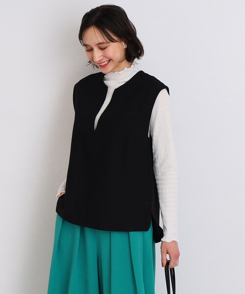 DRESKIP(ドレスキップ)の「◆麻混ヘリンボーンVネックベスト(ベスト・レディース・ブラック/オフホワイト/ライトグリーン・02/03)」の1枚目の写真