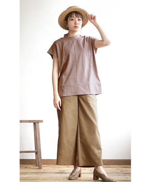 e-zakkamania stores（イーザッカマニアストアーズ）の「フレンチスリーブ スタンドカラープルオーバー（Tシャツ/カットソー・レディース・ブラック/エメラルド/グレイッシュベージュ・M）」の8枚目の写真