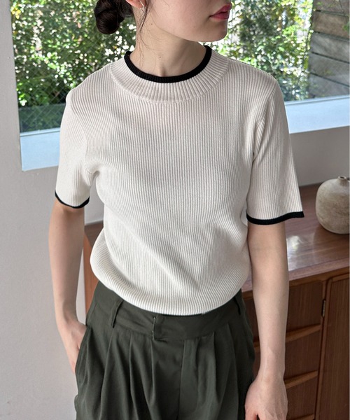 美品 Rene バイカラー ニット セーター 薄手 五分袖 ブルー 36 楽天市場】リンガーネックリブニット トップス ニット 半袖 五分