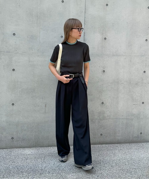 美品 Rene バイカラー ニット セーター 薄手 五分袖 ブルー 36 楽天市場】リンガーネックリブニット トップス ニット 半袖 五分