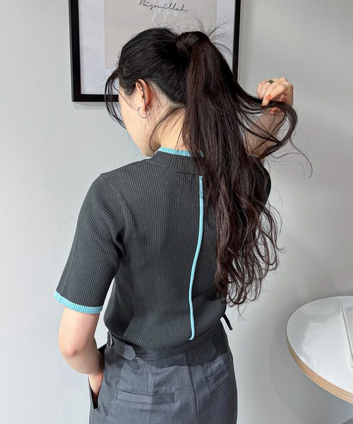 美品 Rene バイカラー ニット セーター 薄手 五分袖 ブルー 36 バイカラーコンパクトセーター(5分袖) （ニット・セーター
