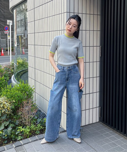 美品 Rene バイカラー ニット セーター 薄手 五分袖 ブルー 36 feepur（フェピュール）の「【ハンドウォッシャブル】バイカラー