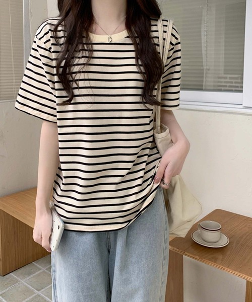 Girly Doll(ガーリードール)の「ボーダーTシャツ(Tシャツ/カットソー・レディース・ブラウン/グリーン/ベージュ系その他/ベージュ×ブラック・F)」の3枚目の写真