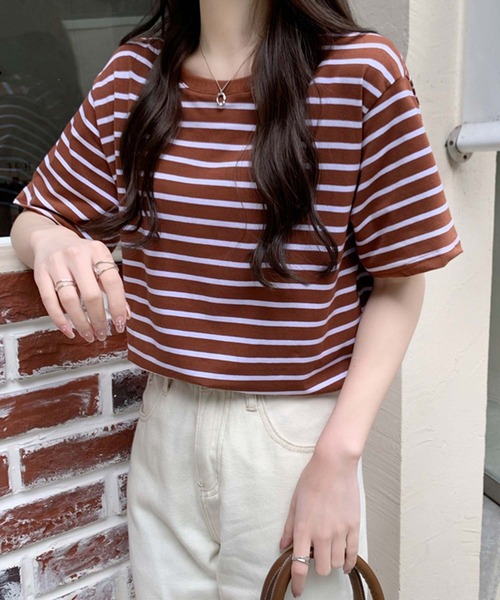 Girly Doll(ガーリードール)の「ボーダーTシャツ(Tシャツ/カットソー・レディース・ブラウン/グリーン/ベージュ系その他/ベージュ×ブラック・F)」の7枚目の写真