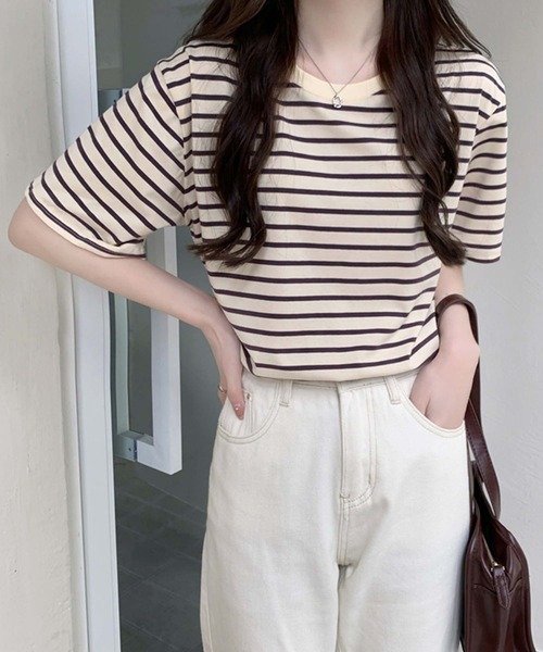 Girly Doll(ガーリードール)の「ボーダーTシャツ(Tシャツ/カットソー・レディース・ブラウン/グリーン/ベージュ系その他/ベージュ×ブラック・F)」の11枚目の写真