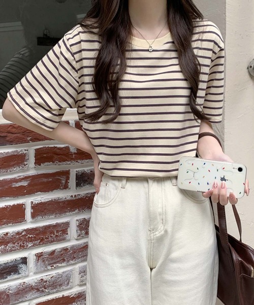 Girly Doll(ガーリードール)の「ボーダーTシャツ(Tシャツ/カットソー・レディース・ブラウン/グリーン/ベージュ系その他/ベージュ×ブラック・F)」の14枚目の写真