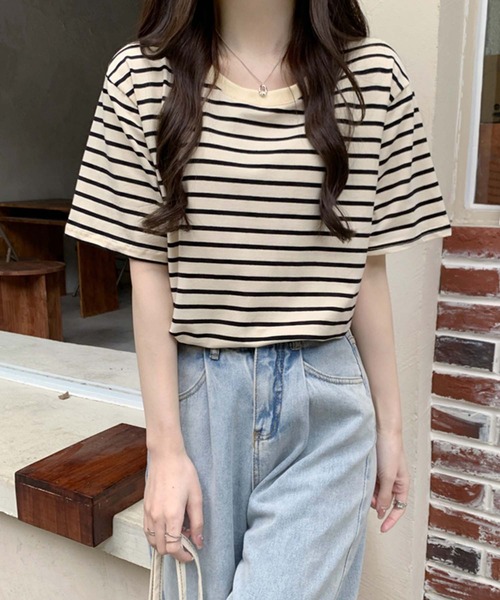 Girly Doll(ガーリードール)の「ボーダーTシャツ(Tシャツ/カットソー・レディース・ブラウン/グリーン/ベージュ系その他/ベージュ×ブラック・F)」の19枚目の写真