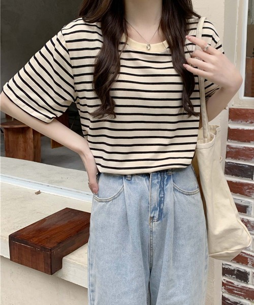 Girly Doll(ガーリードール)の「ボーダーTシャツ(Tシャツ/カットソー・レディース・ブラウン/グリーン/ベージュ系その他/ベージュ×ブラック・F)」の20枚目の写真