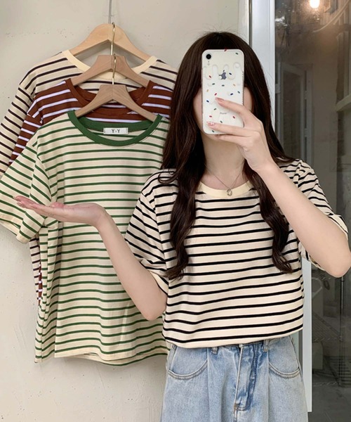 Girly Doll(ガーリードール)の「ボーダーTシャツ(Tシャツ/カットソー・レディース・ブラウン/グリーン/ベージュ系その他/ベージュ×ブラック・F)」の17枚目の写真