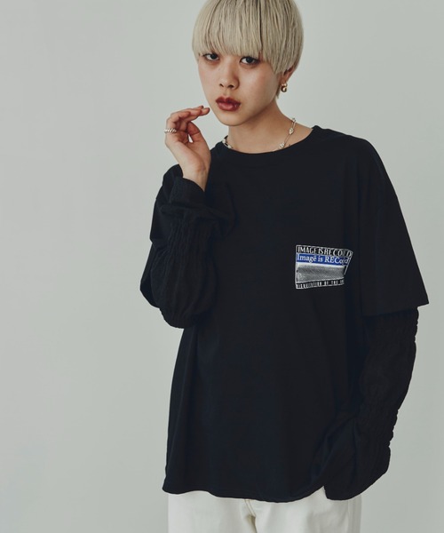 OKIRAKU(オキラク)の「(OKIRAKU×ROSE BUD)シアースリーブドッキングロンT(Tシャツ/カットソー・レディース・ブラック/ピンク・ONE SIZE)」の3枚目の写真